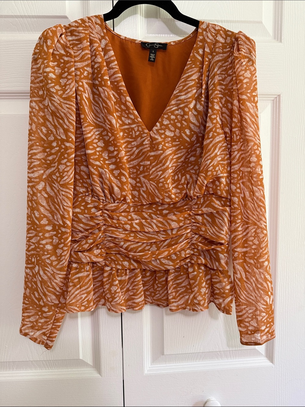 Jessica Simpson Orange Animal-Print V-Neck Peplum Blouse